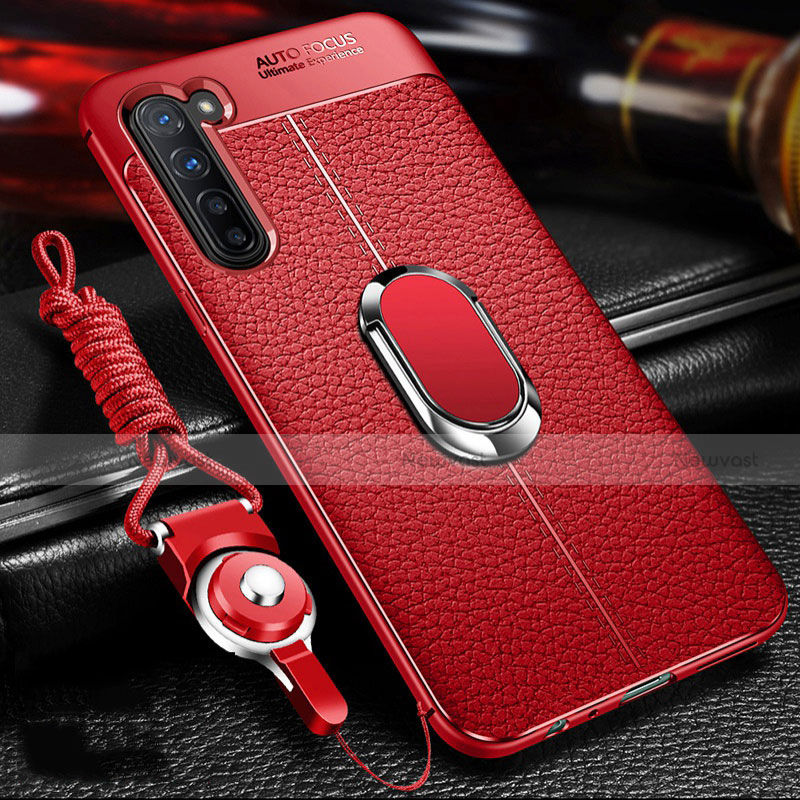 Soft Silicone Gel Leather Snap On Case Cover with Magnetic Finger Ring Stand S02 for Oppo Reno3 Red