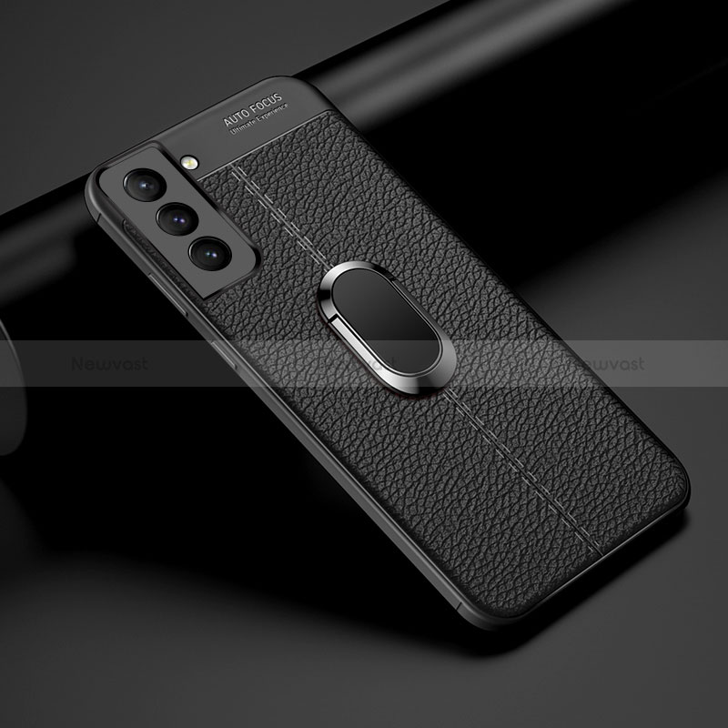 Soft Silicone Gel Leather Snap On Case Cover with Magnetic Finger Ring Stand S02 for Samsung Galaxy S22 Plus 5G Black