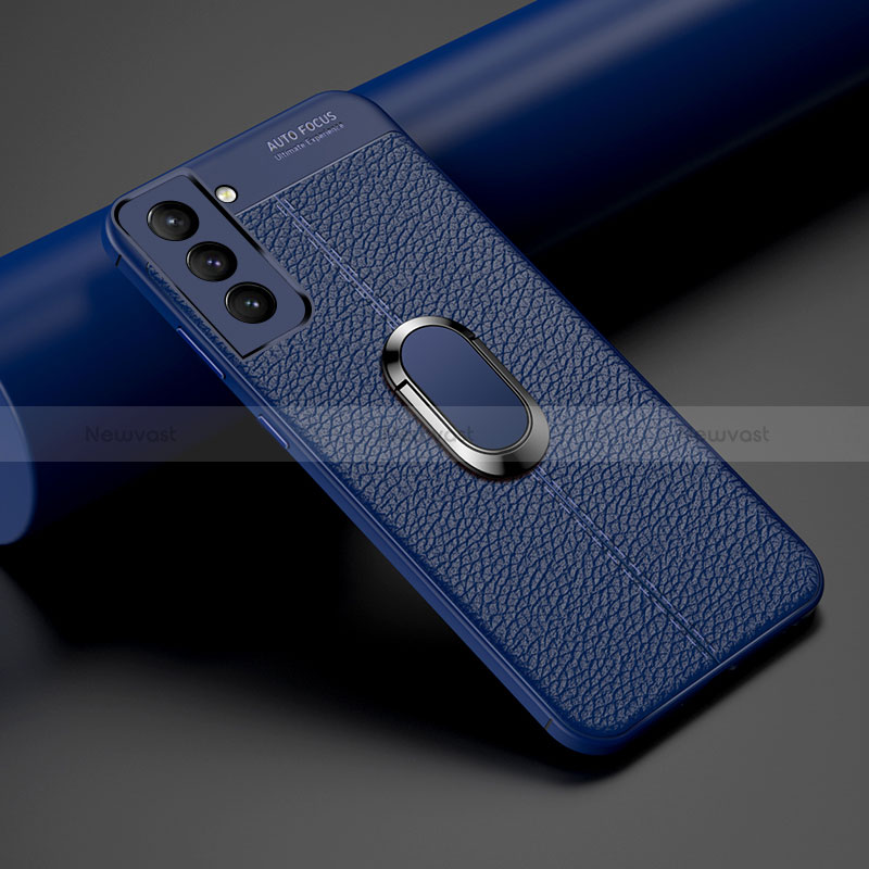 Soft Silicone Gel Leather Snap On Case Cover with Magnetic Finger Ring Stand S02 for Samsung Galaxy S22 Plus 5G Blue