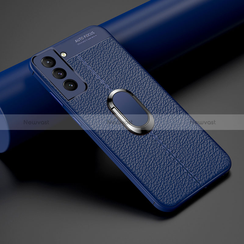 Soft Silicone Gel Leather Snap On Case Cover with Magnetic Finger Ring Stand S02 for Samsung Galaxy S24 Plus 5G Blue