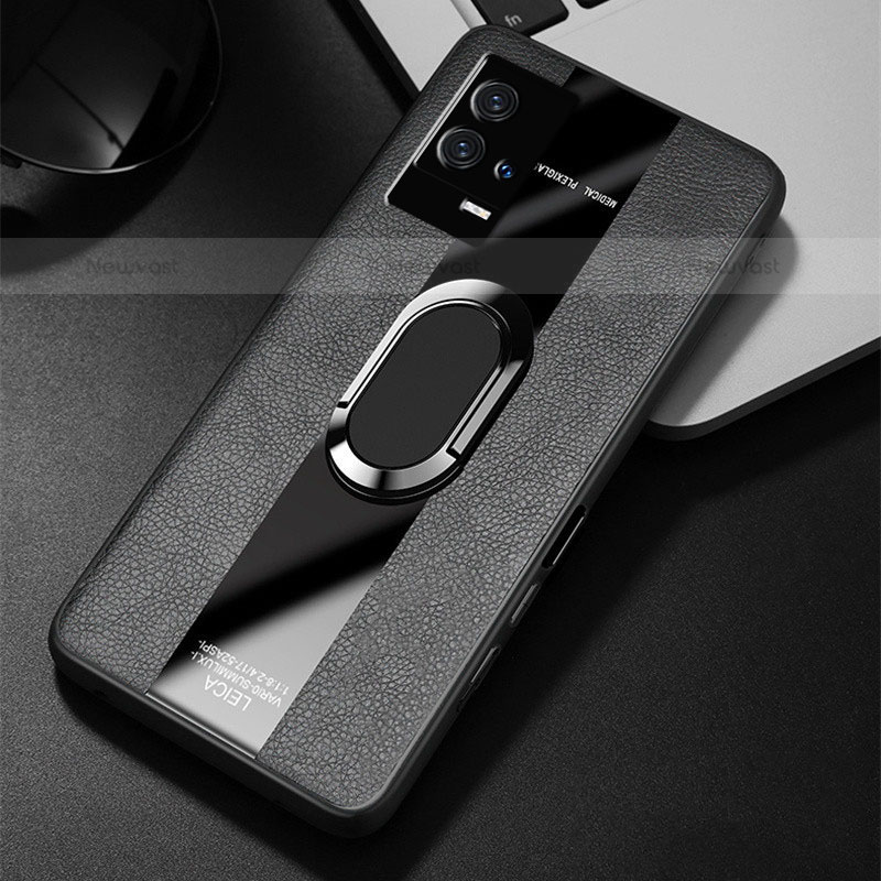 Soft Silicone Gel Leather Snap On Case Cover with Magnetic Finger Ring Stand S02 for Vivo iQOO 8 5G Black