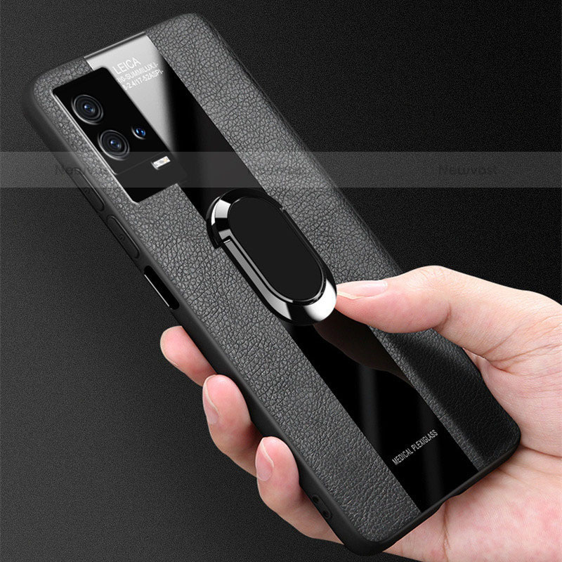 Soft Silicone Gel Leather Snap On Case Cover with Magnetic Finger Ring Stand S02 for Vivo iQOO 8 Pro 5G