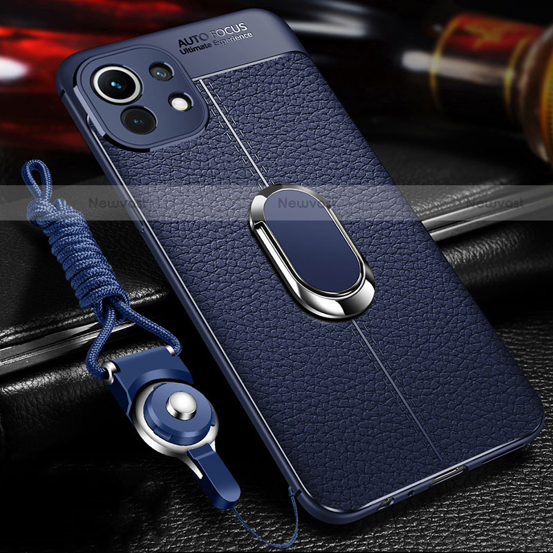 Soft Silicone Gel Leather Snap On Case Cover with Magnetic Finger Ring Stand S02 for Xiaomi Mi 11 Lite 4G Blue