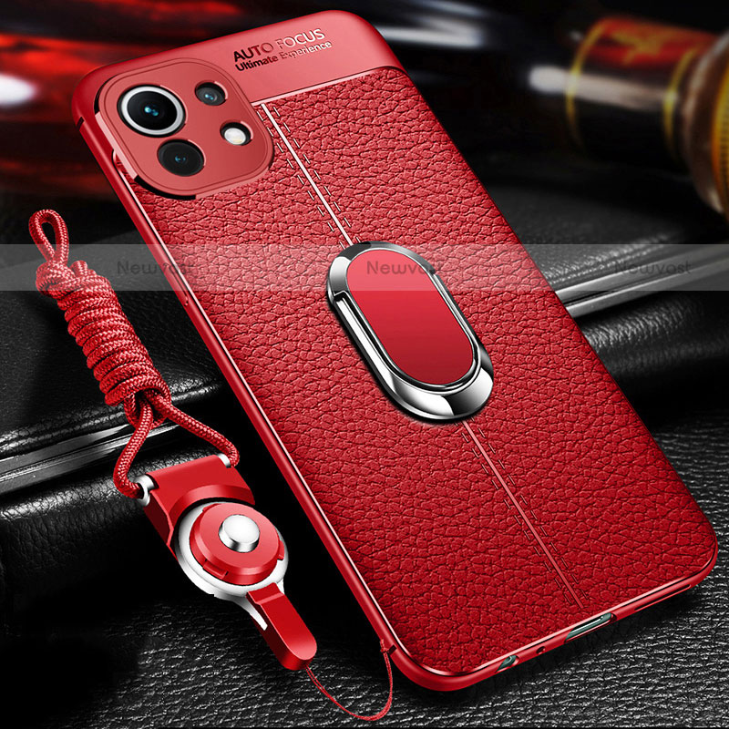 Soft Silicone Gel Leather Snap On Case Cover with Magnetic Finger Ring Stand S02 for Xiaomi Mi 11 Lite 4G Red