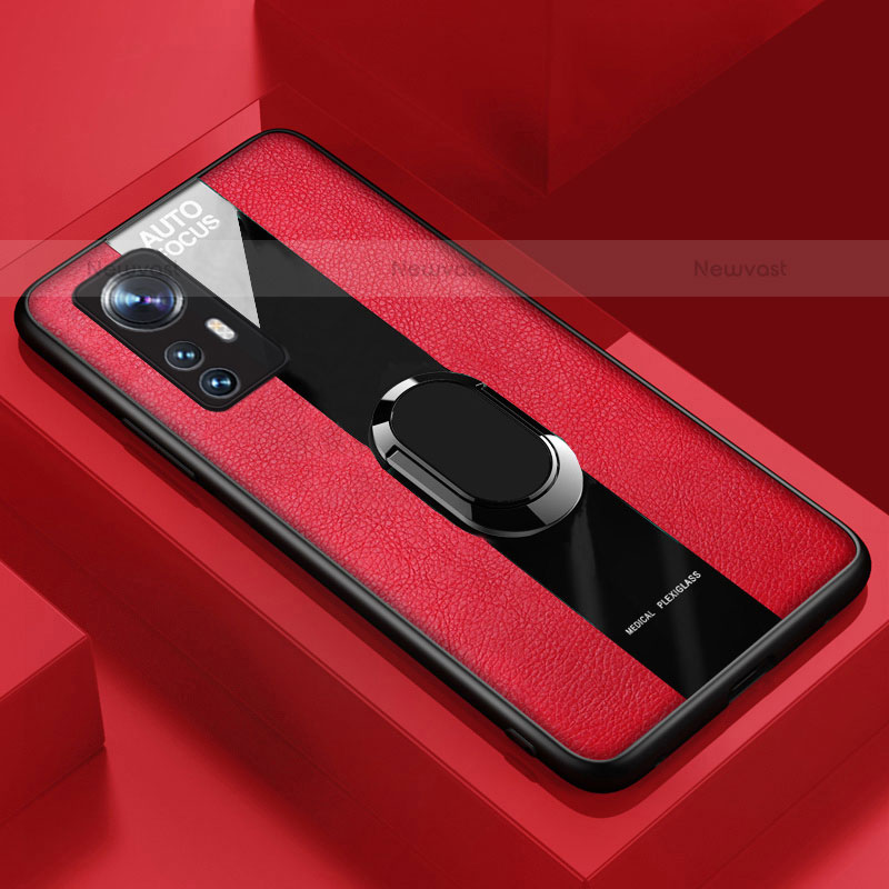 Soft Silicone Gel Leather Snap On Case Cover with Magnetic Finger Ring Stand S02 for Xiaomi Mi 12 Pro 5G Red