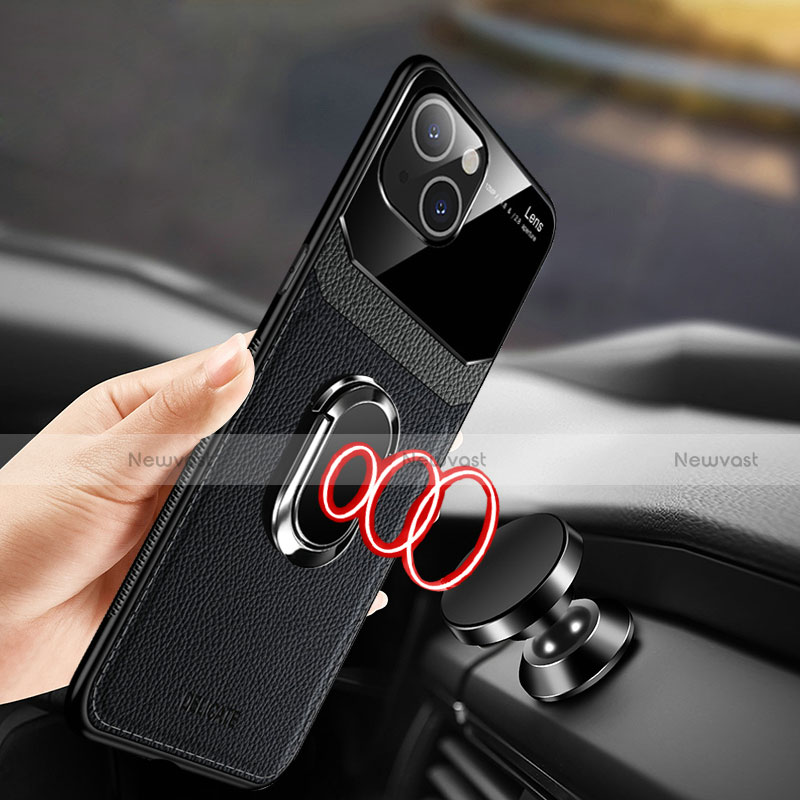 Soft Silicone Gel Leather Snap On Case Cover with Magnetic Finger Ring Stand S03 for Apple iPhone 14