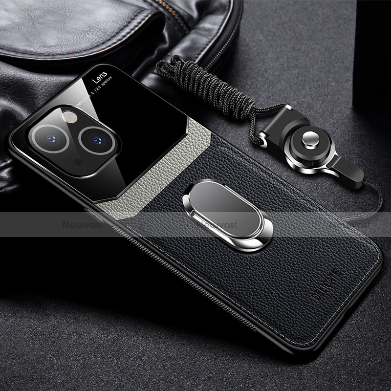 Soft Silicone Gel Leather Snap On Case Cover with Magnetic Finger Ring Stand S03 for Apple iPhone 14