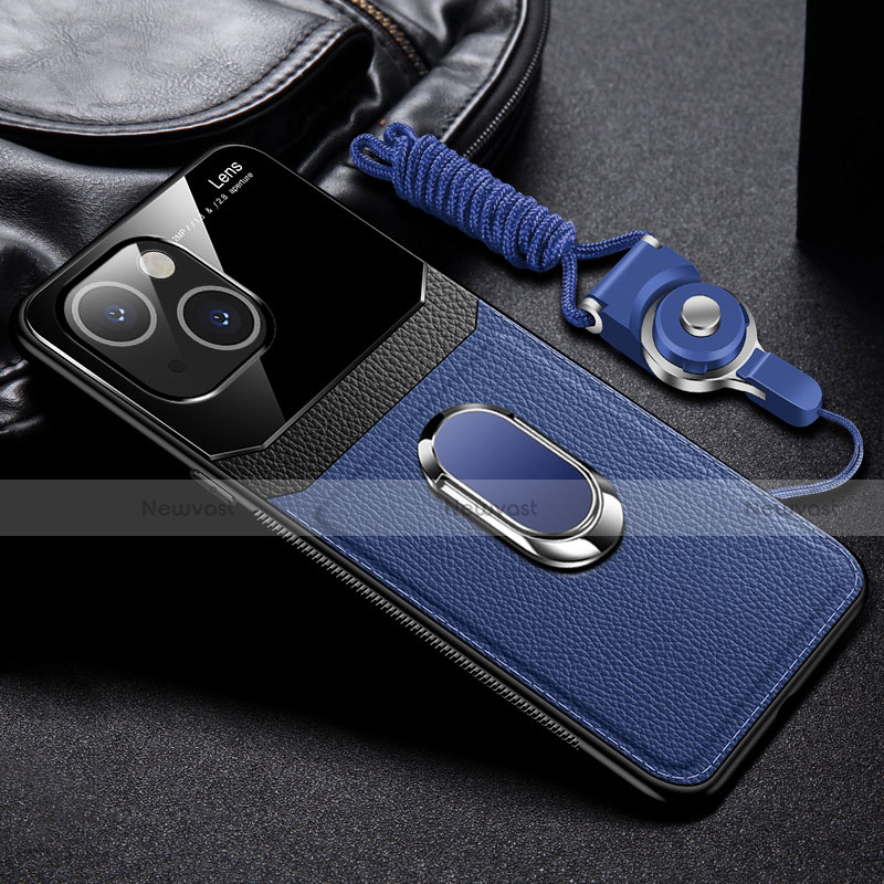 Soft Silicone Gel Leather Snap On Case Cover with Magnetic Finger Ring Stand S03 for Apple iPhone 14 Blue