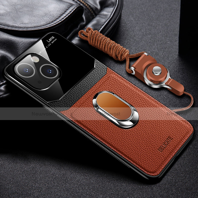 Soft Silicone Gel Leather Snap On Case Cover with Magnetic Finger Ring Stand S03 for Apple iPhone 14 Brown