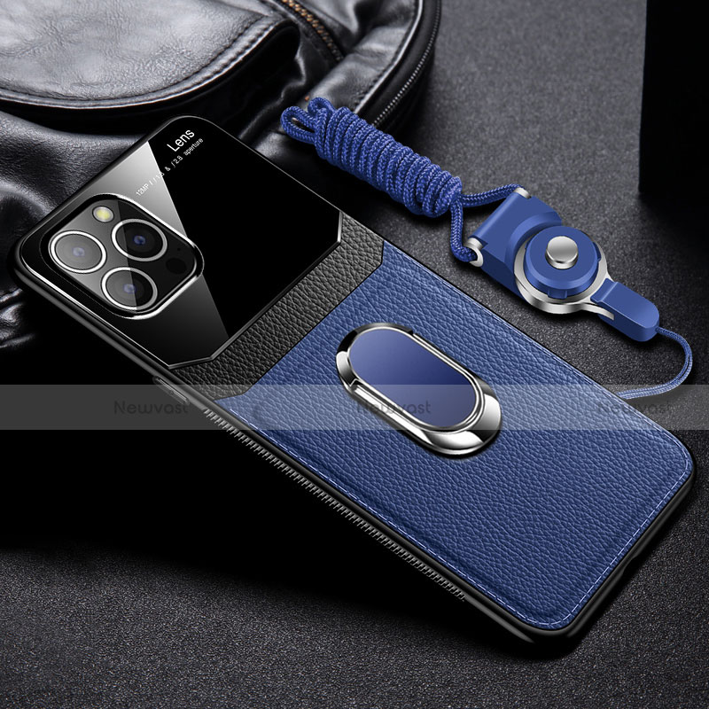 Soft Silicone Gel Leather Snap On Case Cover with Magnetic Finger Ring Stand S03 for Apple iPhone 14 Pro Max Blue