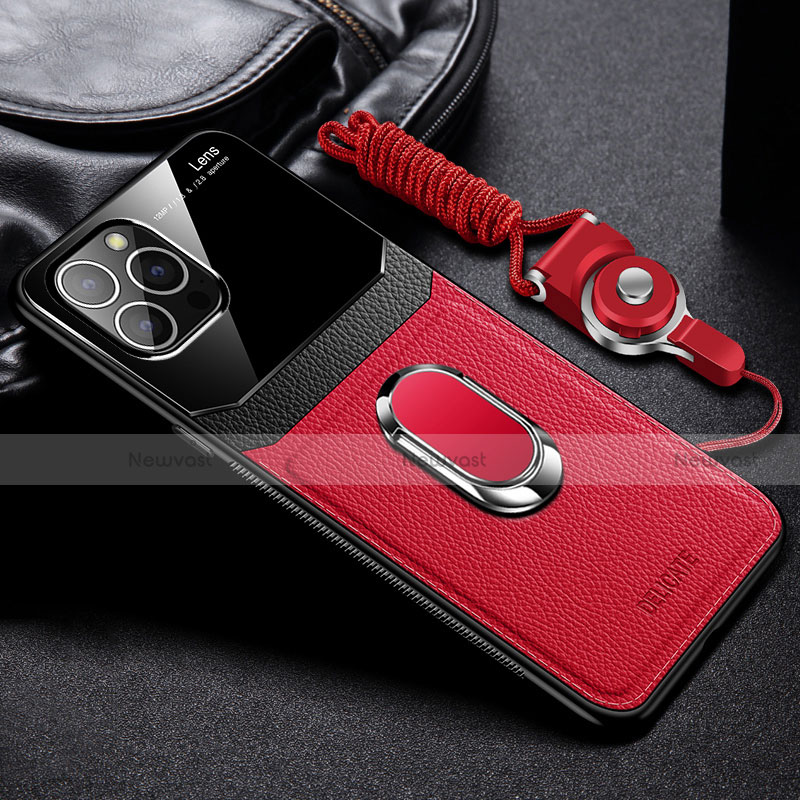 Soft Silicone Gel Leather Snap On Case Cover with Magnetic Finger Ring Stand S03 for Apple iPhone 14 Pro Max Red