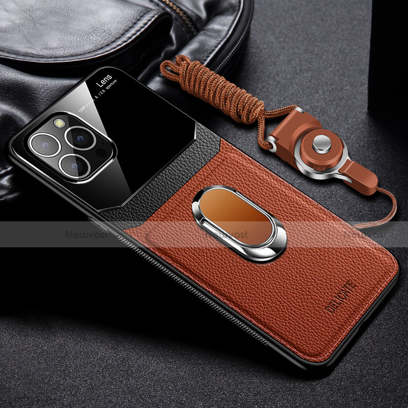 Soft Silicone Gel Leather Snap On Case Cover with Magnetic Finger Ring Stand S03 for Apple iPhone 15 Pro Brown