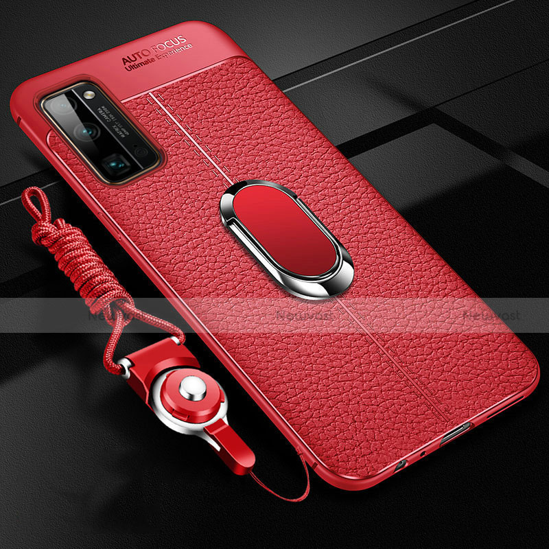 Soft Silicone Gel Leather Snap On Case Cover with Magnetic Finger Ring Stand S03 for Huawei Honor 30 Pro Red