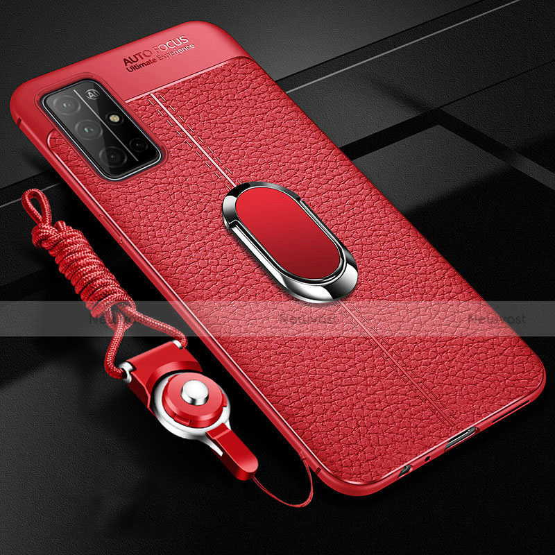 Soft Silicone Gel Leather Snap On Case Cover with Magnetic Finger Ring Stand S03 for Huawei Honor 30S Red