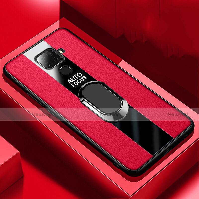 Soft Silicone Gel Leather Snap On Case Cover with Magnetic Finger Ring Stand S03 for Huawei Mate 30 Lite Red