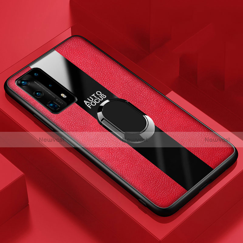 Soft Silicone Gel Leather Snap On Case Cover with Magnetic Finger Ring Stand S03 for Huawei P40 Pro+ Plus Red