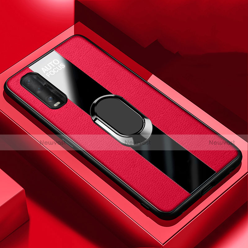 Soft Silicone Gel Leather Snap On Case Cover with Magnetic Finger Ring Stand S03 for Oppo Find X2 Red