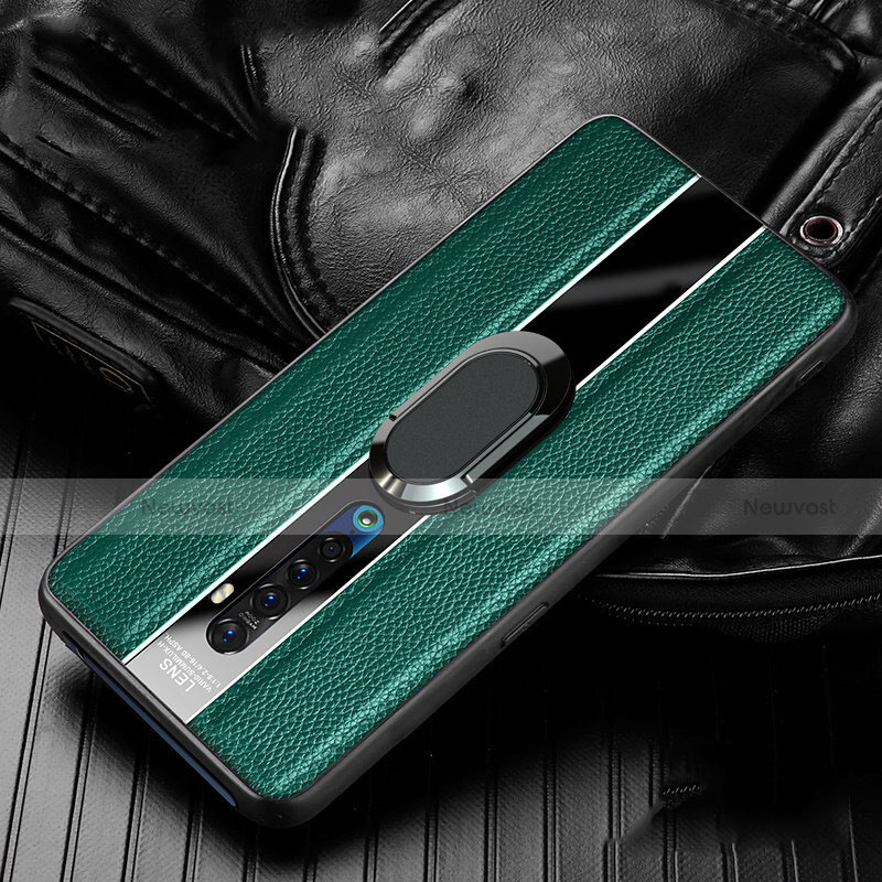 Soft Silicone Gel Leather Snap On Case Cover with Magnetic Finger Ring Stand S03 for Oppo Reno2 Green