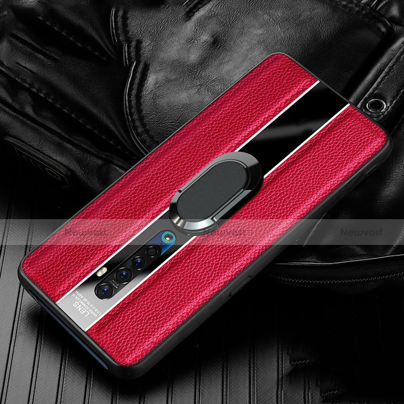 Soft Silicone Gel Leather Snap On Case Cover with Magnetic Finger Ring Stand S03 for Oppo Reno2 Red