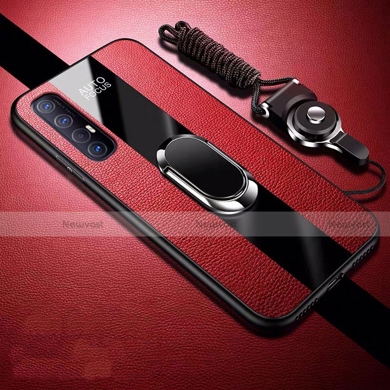 Soft Silicone Gel Leather Snap On Case Cover with Magnetic Finger Ring Stand S03 for Oppo Reno3 Pro Red