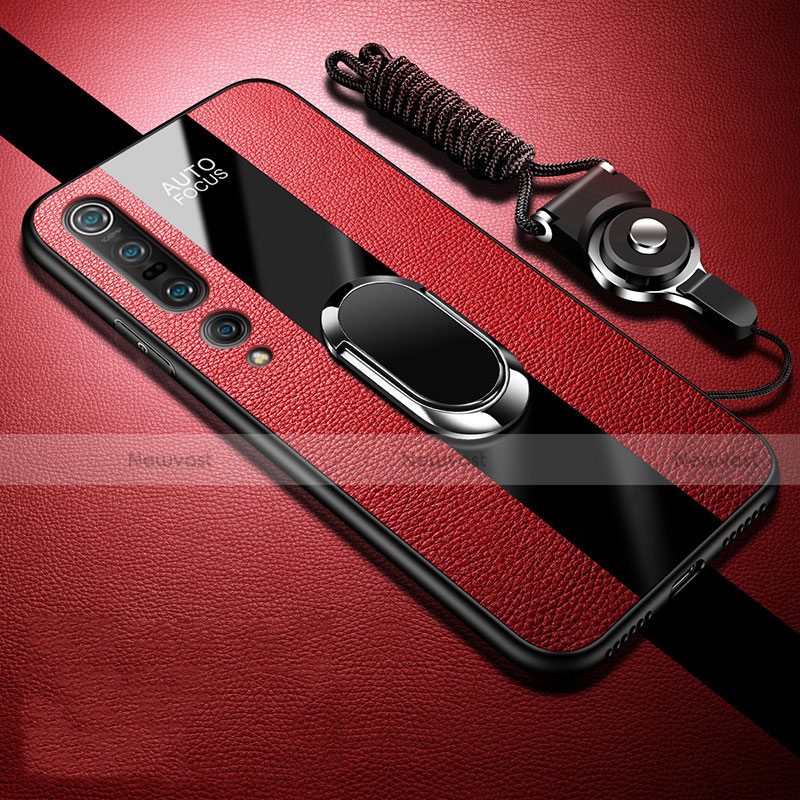 Soft Silicone Gel Leather Snap On Case Cover with Magnetic Finger Ring Stand S03 for Xiaomi Mi 10 Pro Red