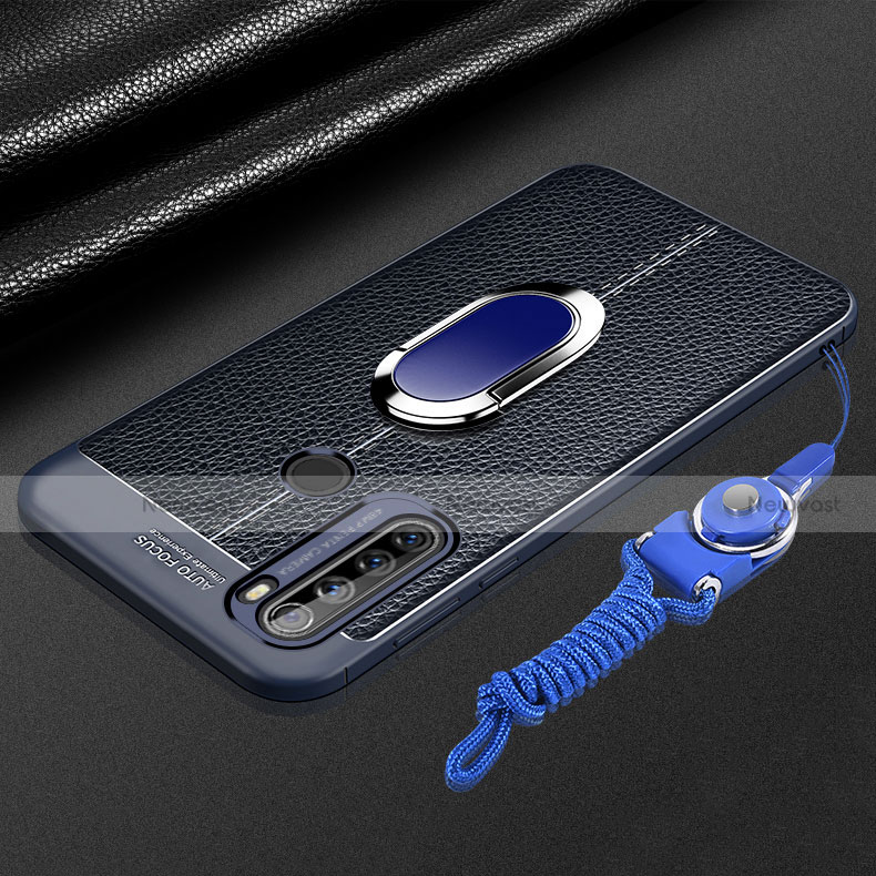 Soft Silicone Gel Leather Snap On Case Cover with Magnetic Finger Ring Stand S03 for Xiaomi Redmi Note 8T Blue