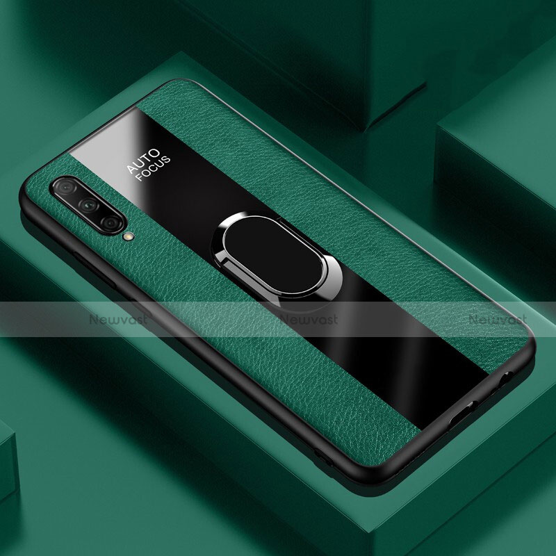 Soft Silicone Gel Leather Snap On Case Cover with Magnetic Finger Ring Stand S04 for Huawei P Smart Pro (2019) Green