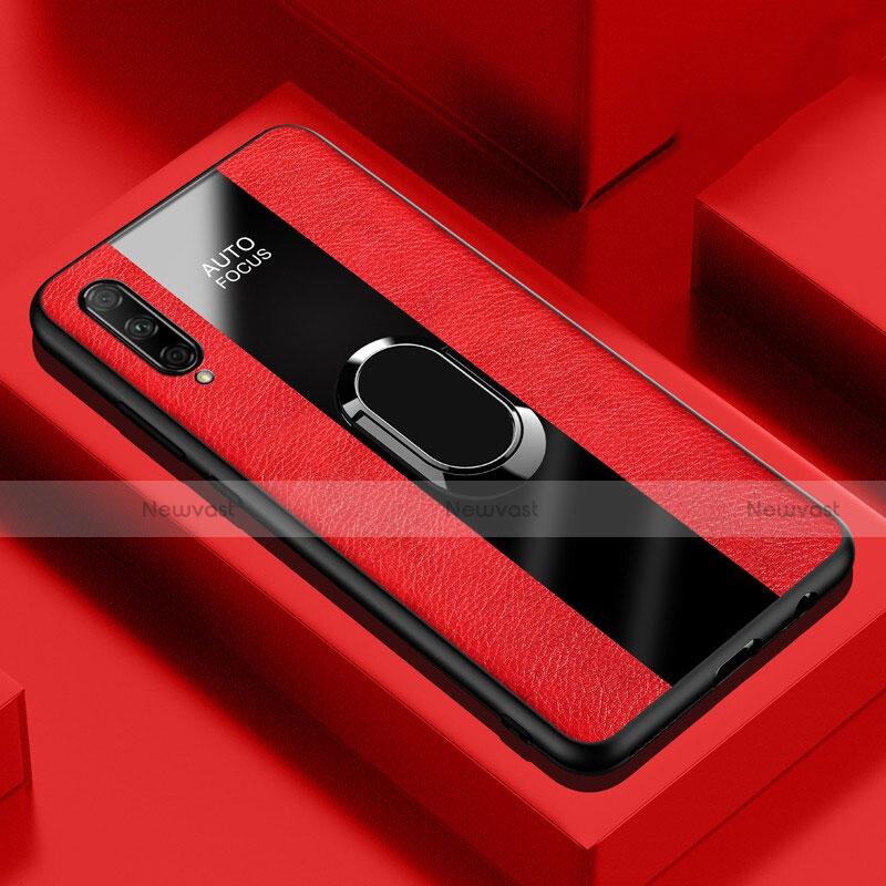 Soft Silicone Gel Leather Snap On Case Cover with Magnetic Finger Ring Stand S04 for Huawei P Smart Pro (2019) Red