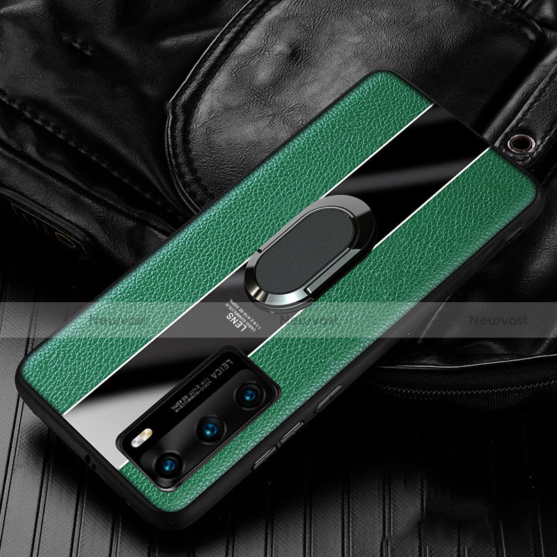 Soft Silicone Gel Leather Snap On Case Cover with Magnetic Finger Ring Stand S04 for Huawei P40