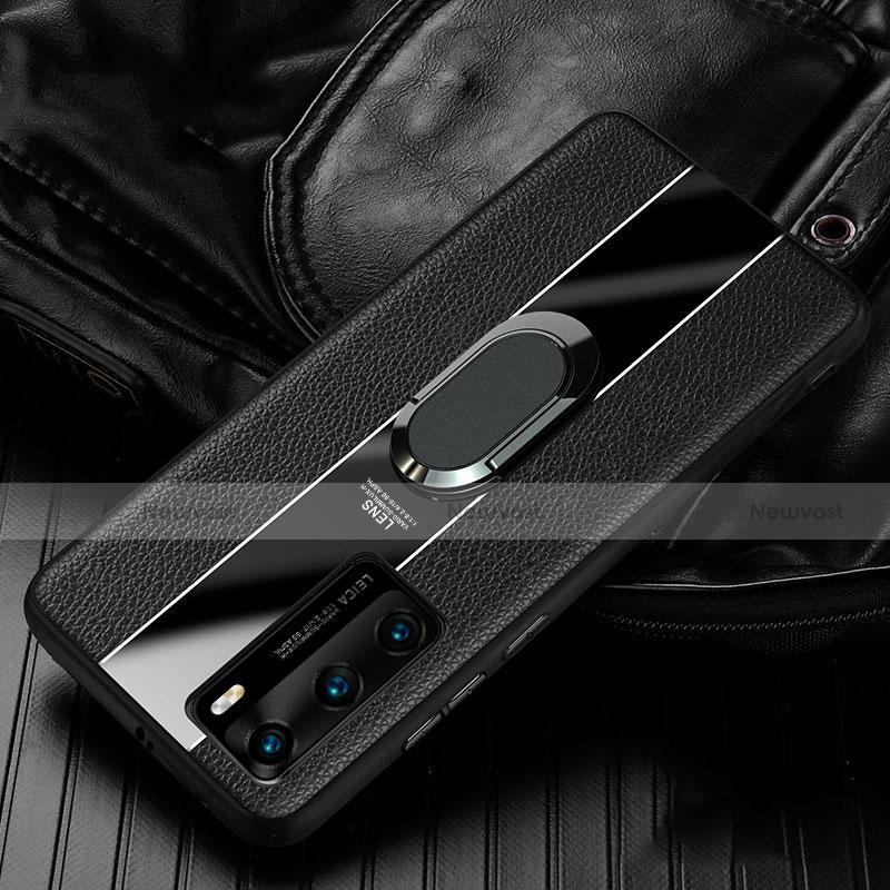 Soft Silicone Gel Leather Snap On Case Cover with Magnetic Finger Ring Stand S04 for Huawei P40 Black