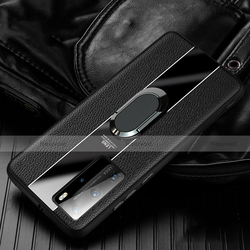 Soft Silicone Gel Leather Snap On Case Cover with Magnetic Finger Ring Stand S04 for Huawei P40 Pro Black