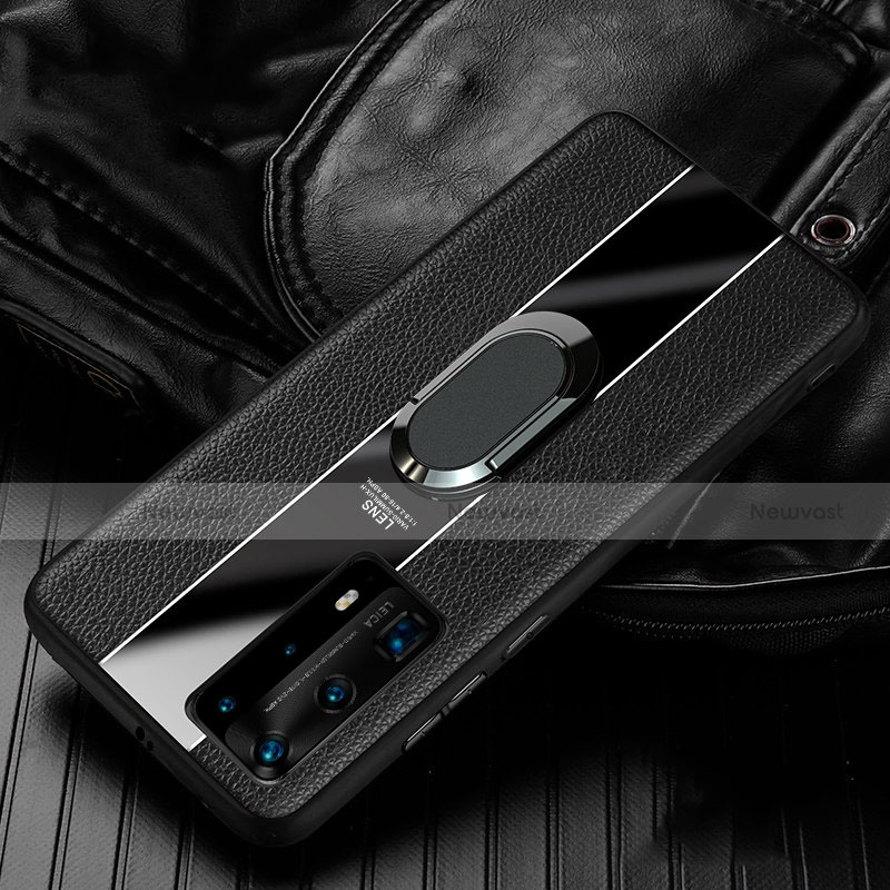 Soft Silicone Gel Leather Snap On Case Cover with Magnetic Finger Ring Stand S04 for Huawei P40 Pro+ Plus