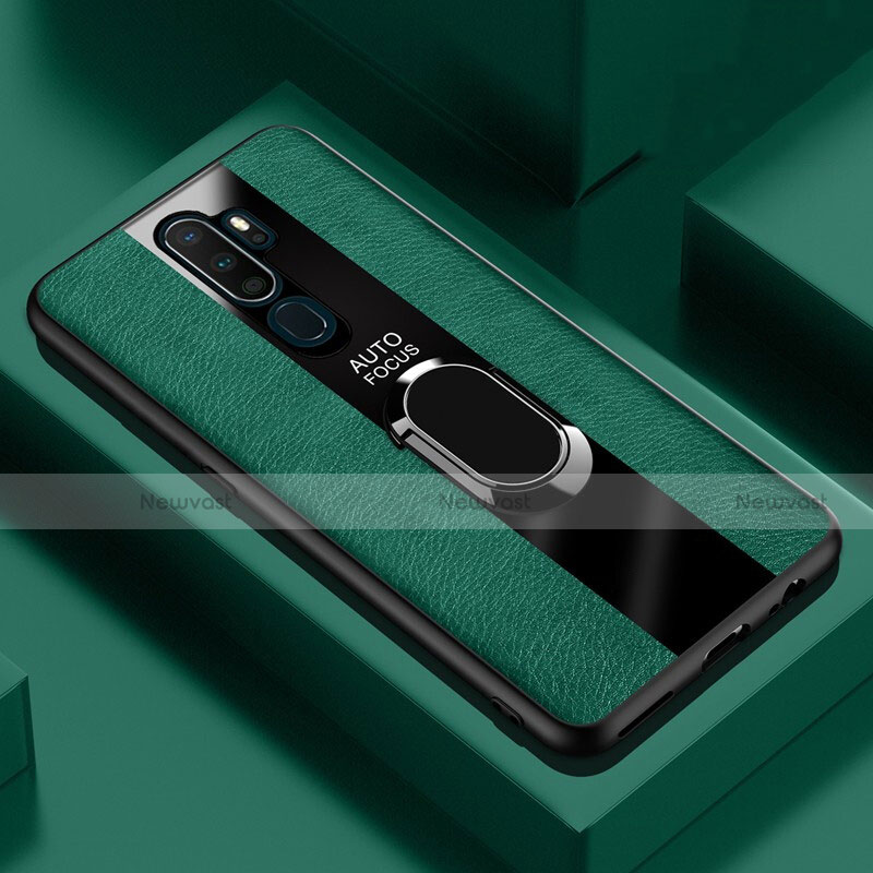 Soft Silicone Gel Leather Snap On Case Cover with Magnetic Finger Ring Stand S04 for Oppo A11 Green