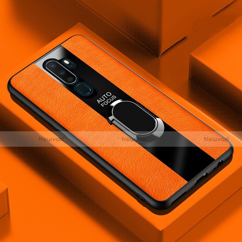 Soft Silicone Gel Leather Snap On Case Cover with Magnetic Finger Ring Stand S04 for Oppo A11 Orange