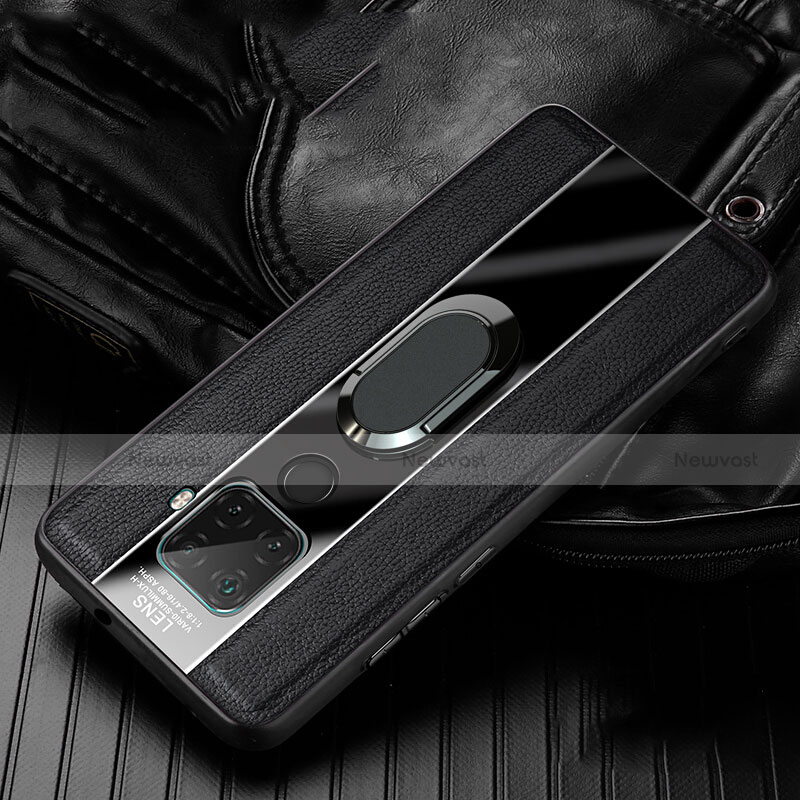 Soft Silicone Gel Leather Snap On Case Cover with Magnetic Finger Ring Stand S05 for Huawei Mate 30 Lite Black