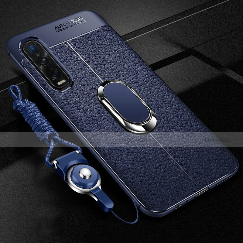 Soft Silicone Gel Leather Snap On Case Cover with Magnetic Finger Ring Stand S05 for Oppo Find X2 Pro Blue