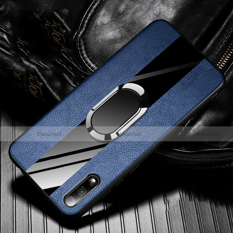 Soft Silicone Gel Leather Snap On Case Cover with Magnetic Finger Ring Stand S06 for Huawei Honor 9X Blue