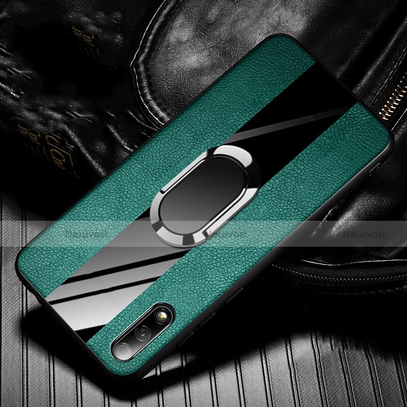 Soft Silicone Gel Leather Snap On Case Cover with Magnetic Finger Ring Stand S06 for Huawei Y9 Prime (2019)