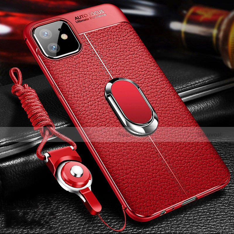 Soft Silicone Gel Leather Snap On Case Cover with Magnetic Finger Ring Stand T01 for Apple iPhone 11 Red