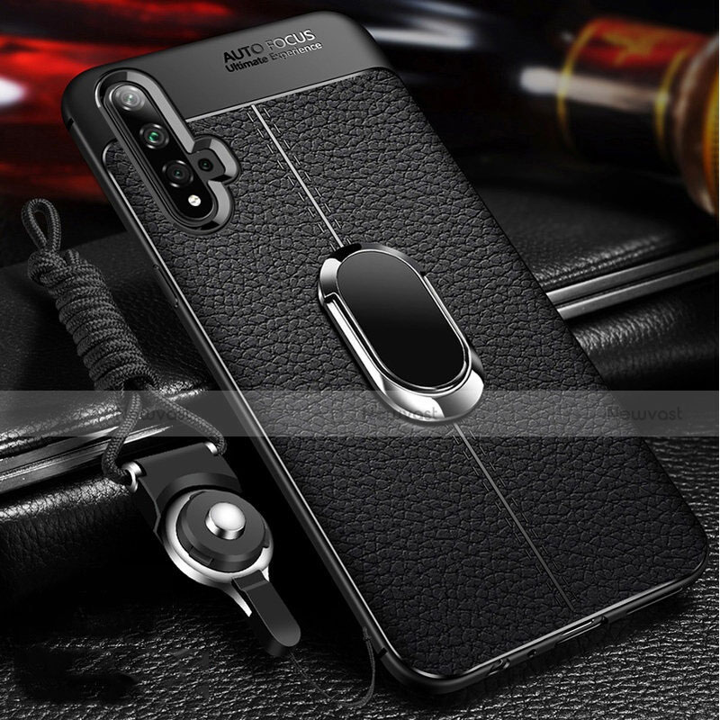 Soft Silicone Gel Leather Snap On Case Cover with Magnetic Finger Ring Stand T01 for Huawei Honor 20 Black