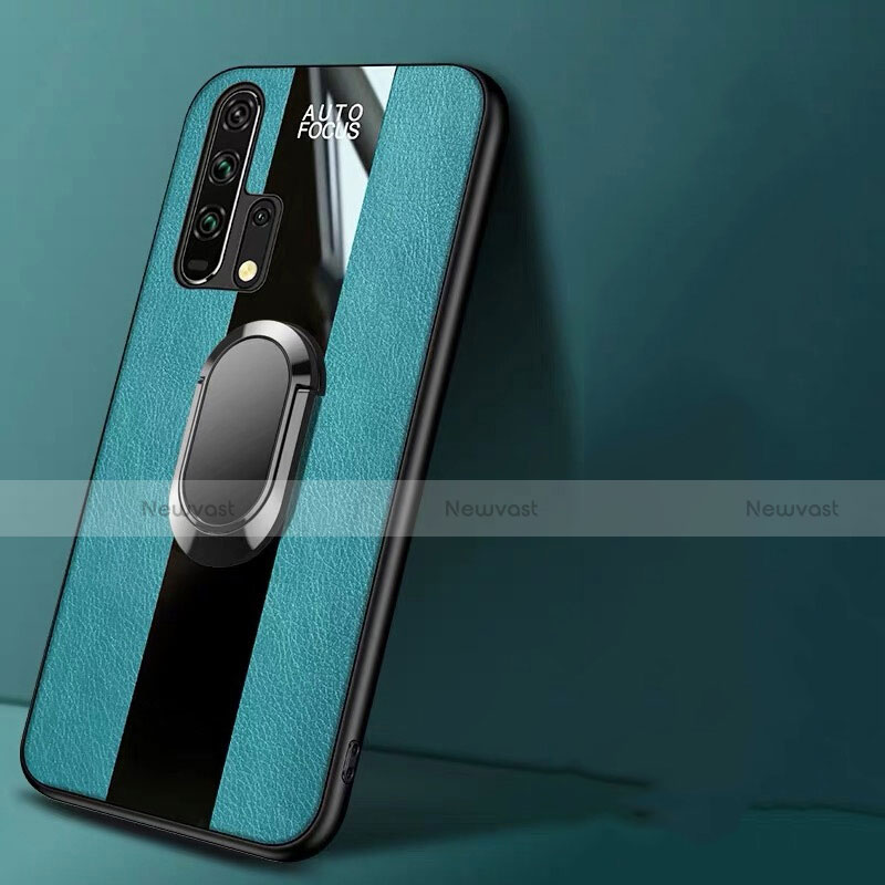 Soft Silicone Gel Leather Snap On Case Cover with Magnetic Finger Ring Stand T01 for Huawei Honor 20 Pro Green