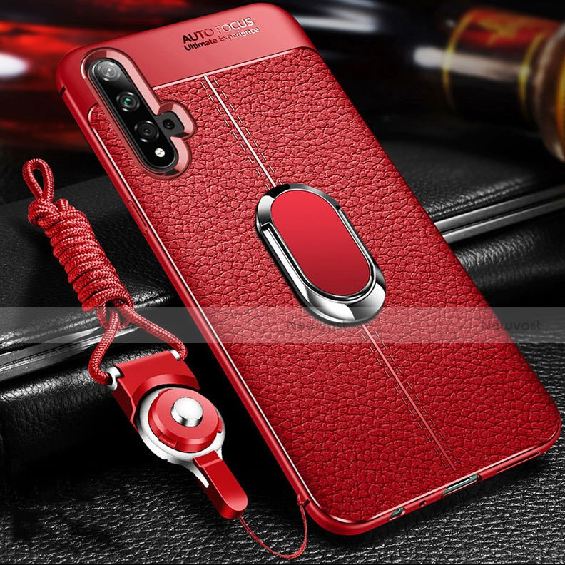 Soft Silicone Gel Leather Snap On Case Cover with Magnetic Finger Ring Stand T01 for Huawei Honor 20S Red