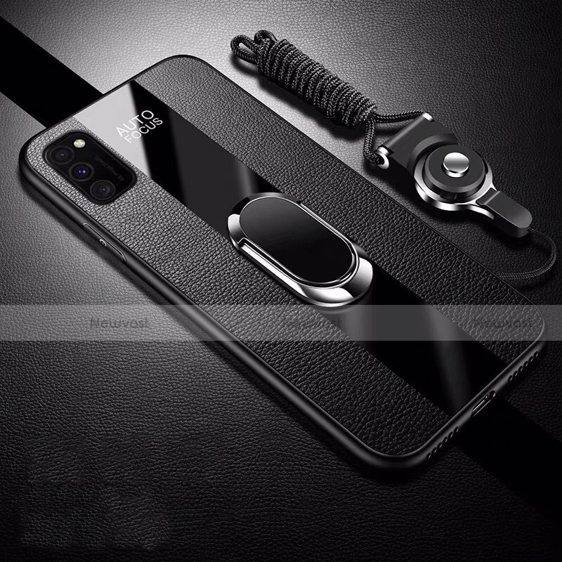 Soft Silicone Gel Leather Snap On Case Cover with Magnetic Finger Ring Stand T01 for Huawei Honor V30 5G Black