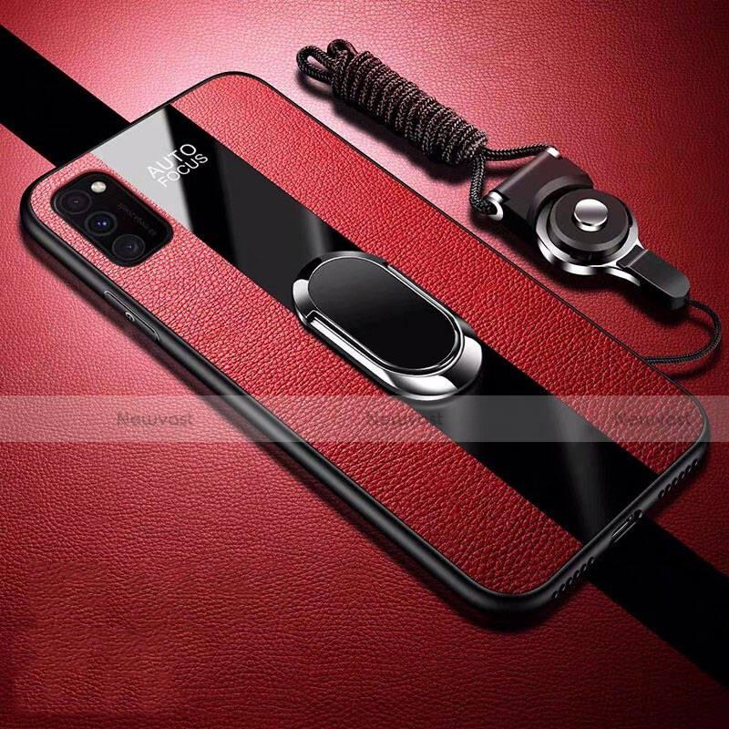 Soft Silicone Gel Leather Snap On Case Cover with Magnetic Finger Ring Stand T01 for Huawei Honor V30 5G Red