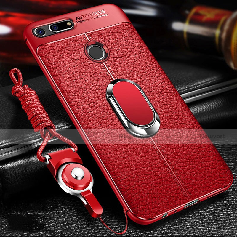 Soft Silicone Gel Leather Snap On Case Cover with Magnetic Finger Ring Stand T01 for Huawei Honor View 20