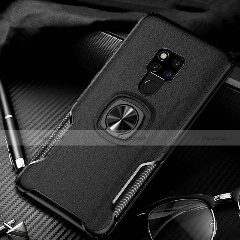 Soft Silicone Gel Leather Snap On Case Cover with Magnetic Finger Ring Stand T01 for Huawei Mate 20 Black