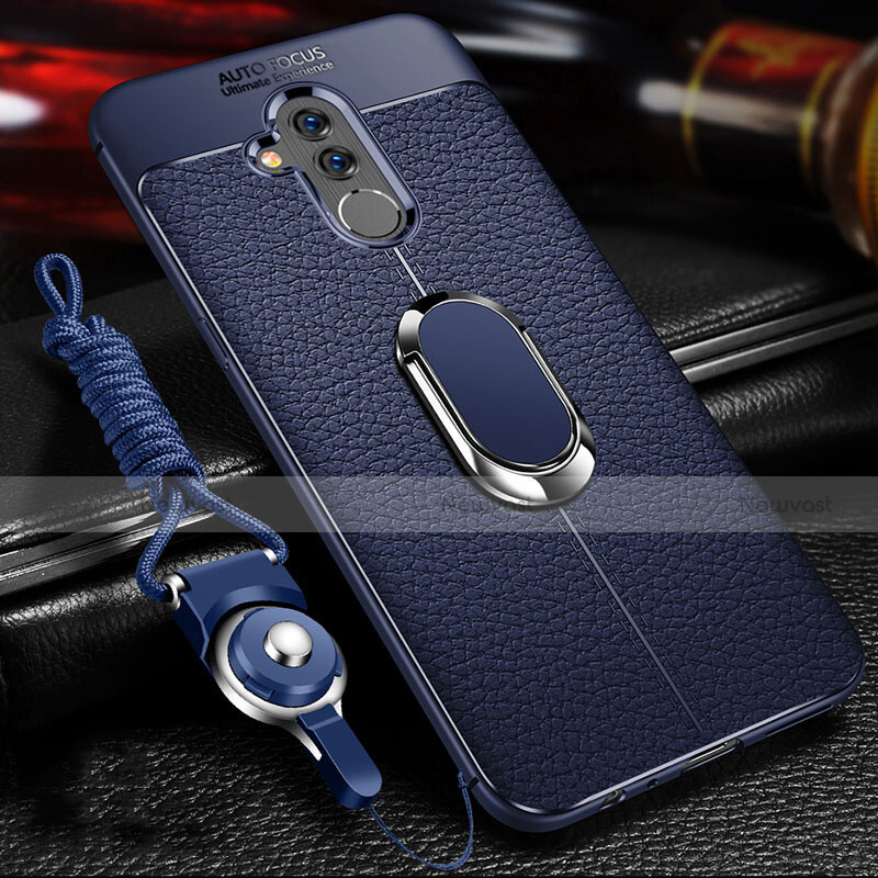 Soft Silicone Gel Leather Snap On Case Cover with Magnetic Finger Ring Stand T01 for Huawei Mate 20 Lite Blue