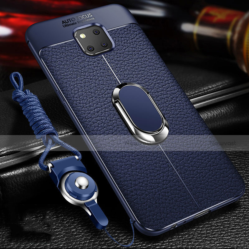 Soft Silicone Gel Leather Snap On Case Cover with Magnetic Finger Ring Stand T01 for Huawei Mate 20 Pro Blue