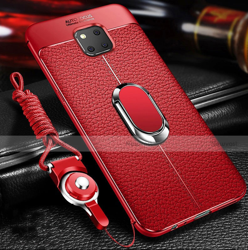 Soft Silicone Gel Leather Snap On Case Cover with Magnetic Finger Ring Stand T01 for Huawei Mate 20 Pro Red