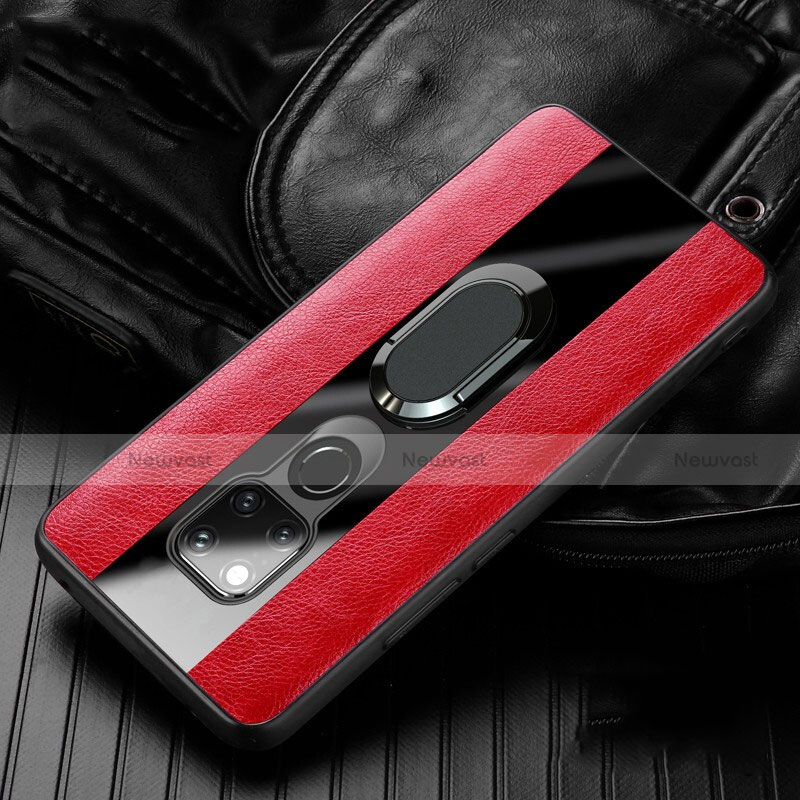 Soft Silicone Gel Leather Snap On Case Cover with Magnetic Finger Ring Stand T01 for Huawei Mate 20 X 5G Red
